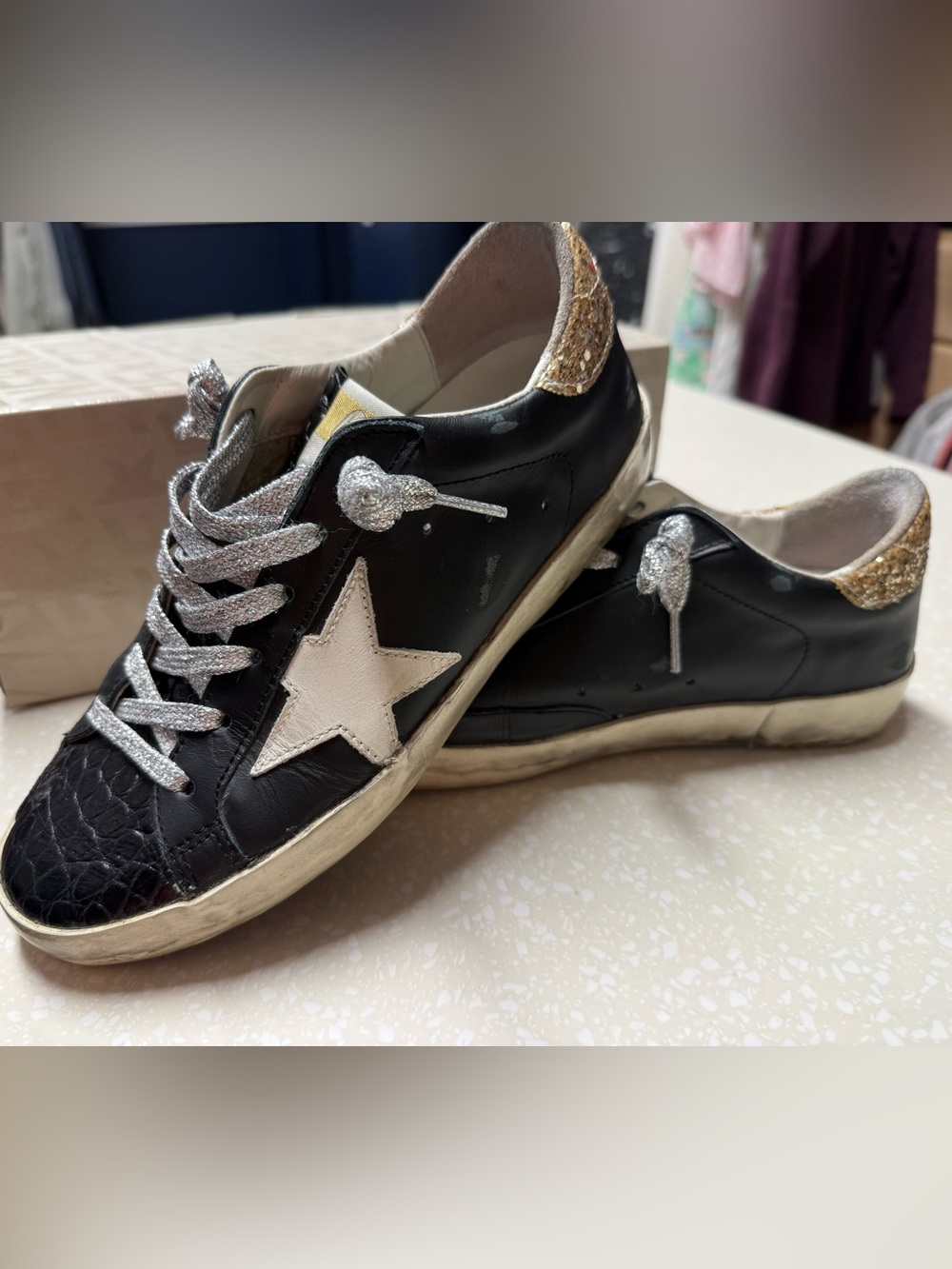 Golden Goose Black Leather Sneakers with White Star and Gold Heel